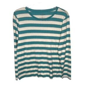 Talbotts Knits Women’s Large Petite Long Sleeve Aqua/White Sweater EUC